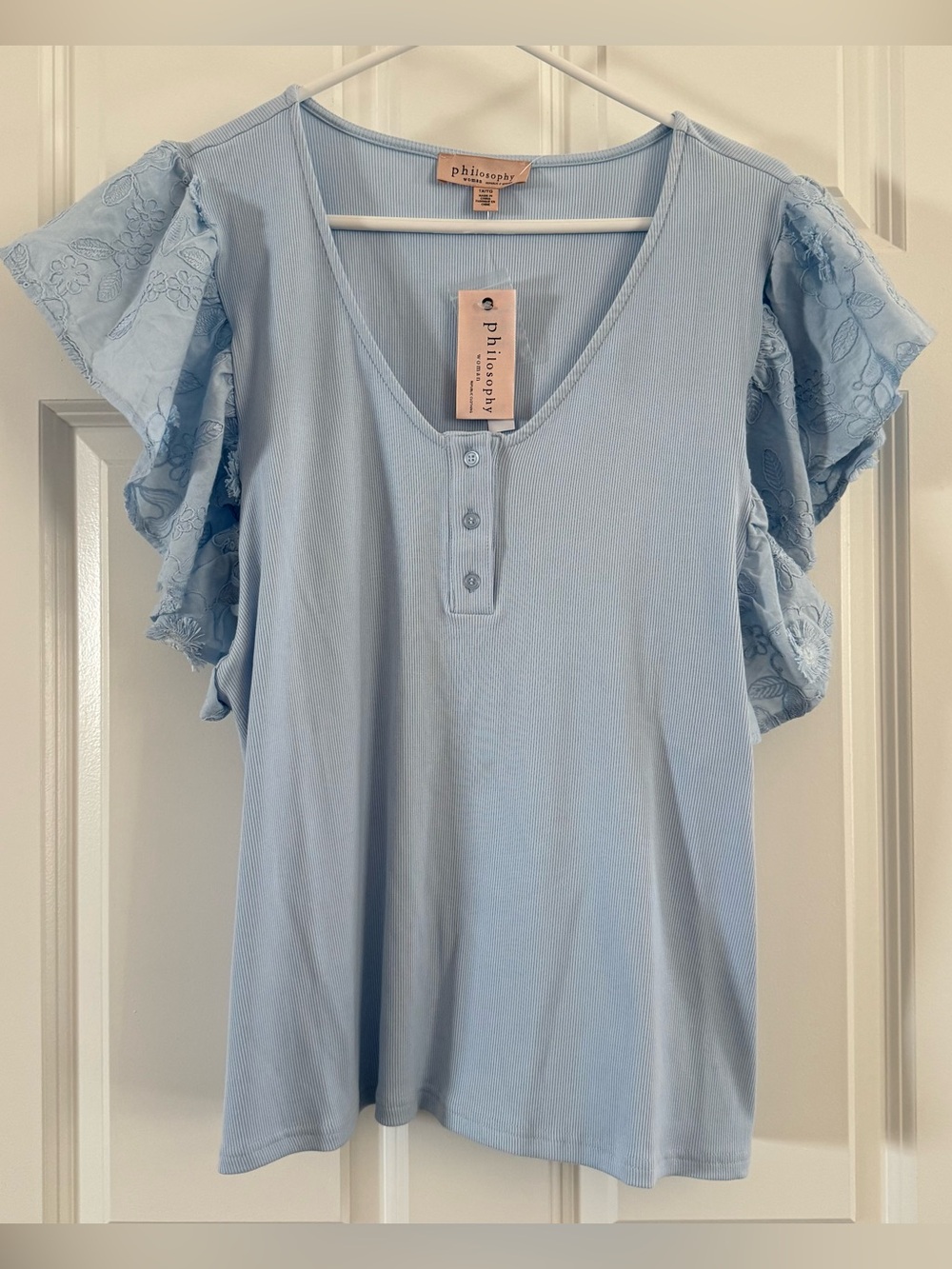 Philosophy Pale Blue Lace Sleeve Henley Tee